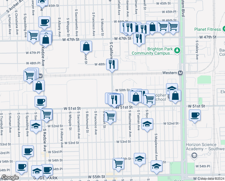 map of restaurants, bars, coffee shops, grocery stores, and more near 2814 West 50th Street in Chicago