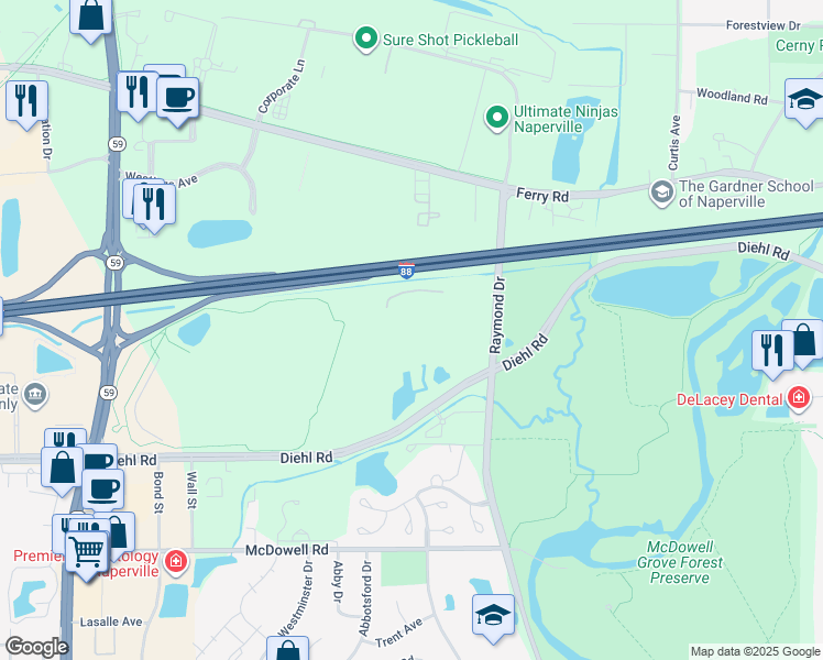 map of restaurants, bars, coffee shops, grocery stores, and more near in Naperville