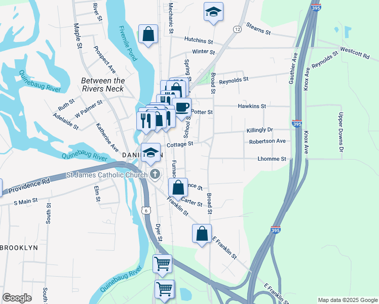 map of restaurants, bars, coffee shops, grocery stores, and more near 94 School Street in Killingly