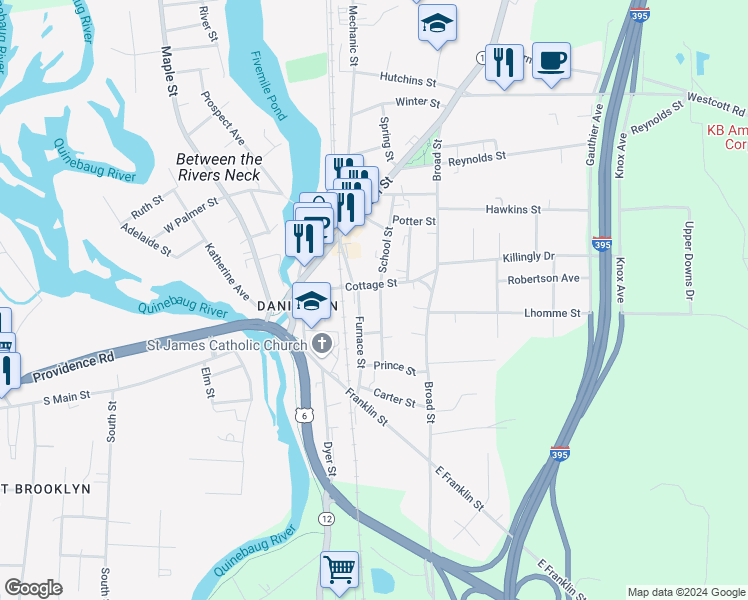 map of restaurants, bars, coffee shops, grocery stores, and more near 60 Cottage Street in Killingly