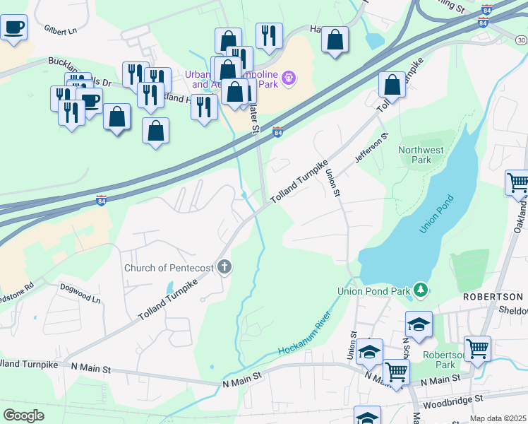 map of restaurants, bars, coffee shops, grocery stores, and more near 647 Tolland Turnpike in Manchester
