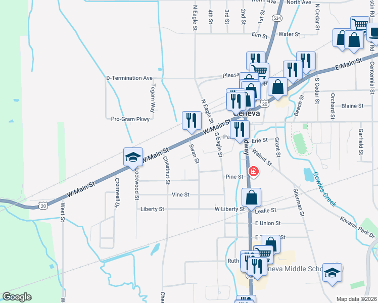 map of restaurants, bars, coffee shops, grocery stores, and more near 270 West Main Street in Geneva