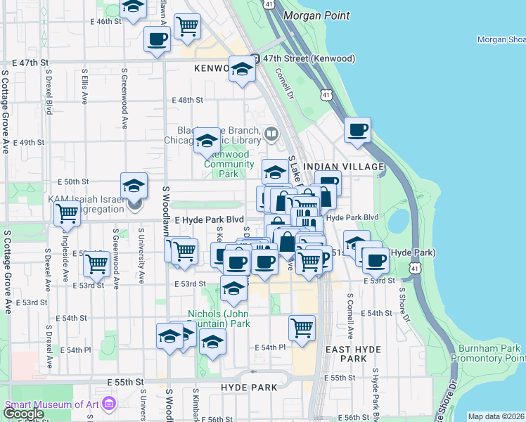 map of restaurants, bars, coffee shops, grocery stores, and more near 5026 South Blackstone Avenue in Chicago