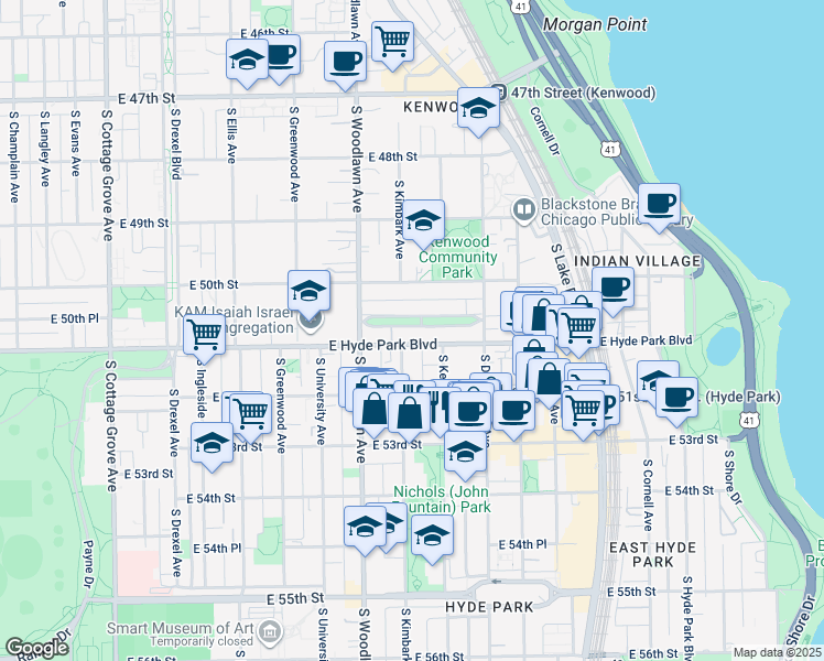 map of restaurants, bars, coffee shops, grocery stores, and more near 1328 East Madison Park in Chicago