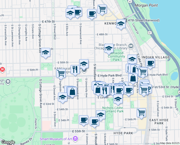 map of restaurants, bars, coffee shops, grocery stores, and more near 5018 South Woodlawn Avenue in Chicago