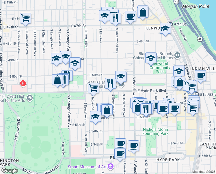 map of restaurants, bars, coffee shops, grocery stores, and more near 5016 South Greenwood Avenue in Chicago