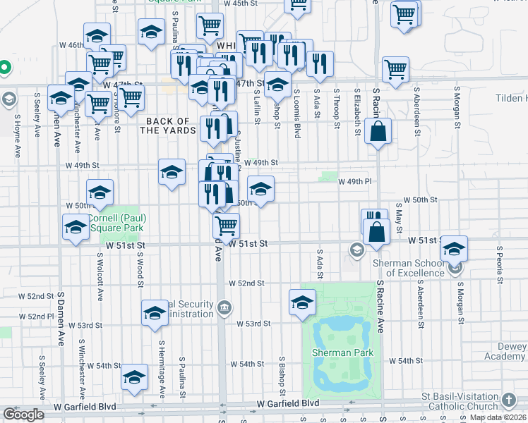 map of restaurants, bars, coffee shops, grocery stores, and more near 1438 West 50th Street in Chicago
