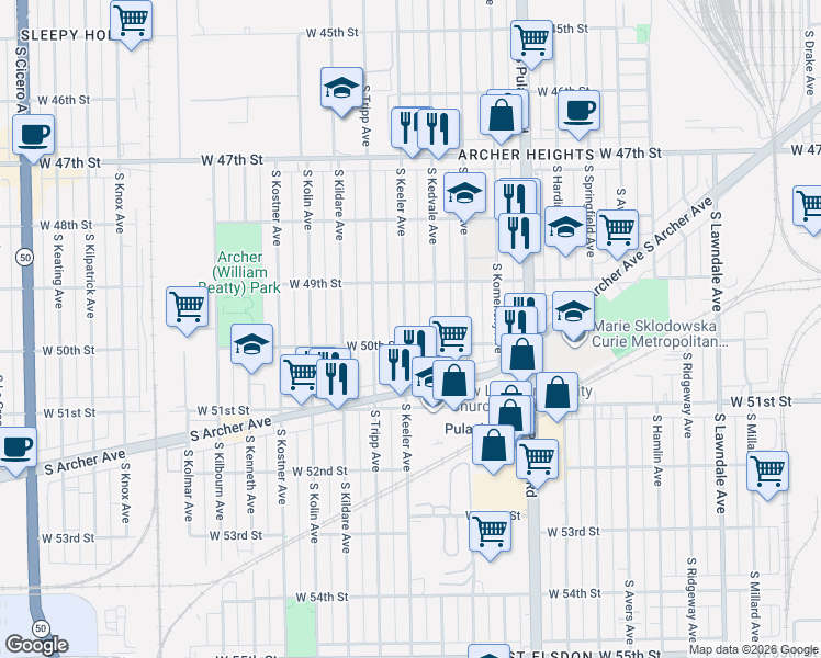 map of restaurants, bars, coffee shops, grocery stores, and more near 4922 South Kedvale Avenue in Chicago
