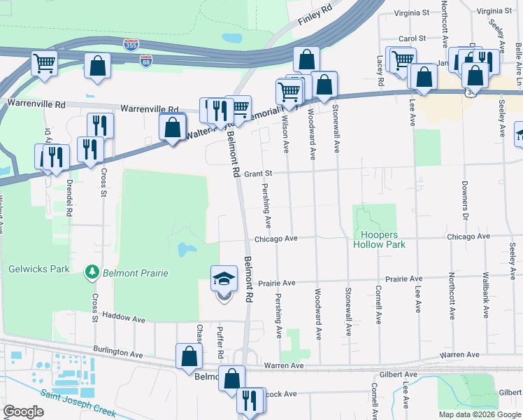 map of restaurants, bars, coffee shops, grocery stores, and more near 4520 Pershing Avenue in Downers Grove