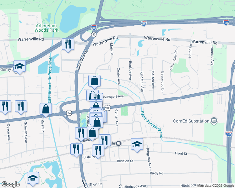map of restaurants, bars, coffee shops, grocery stores, and more near 1004 Lacey Avenue in Lisle