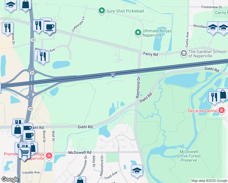 map of restaurants, bars, coffee shops, grocery stores, and more near 1415 West Diehl Road in Naperville