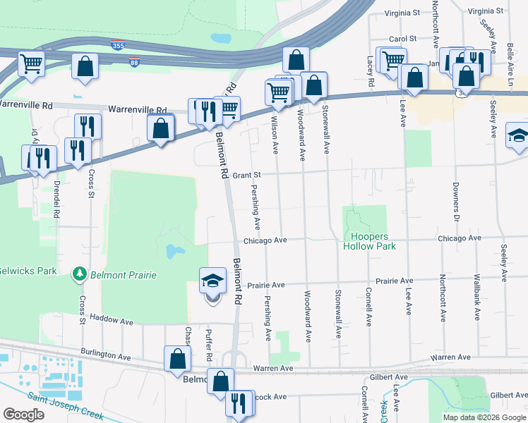 map of restaurants, bars, coffee shops, grocery stores, and more near 4520 Pershing Avenue in Downers Grove