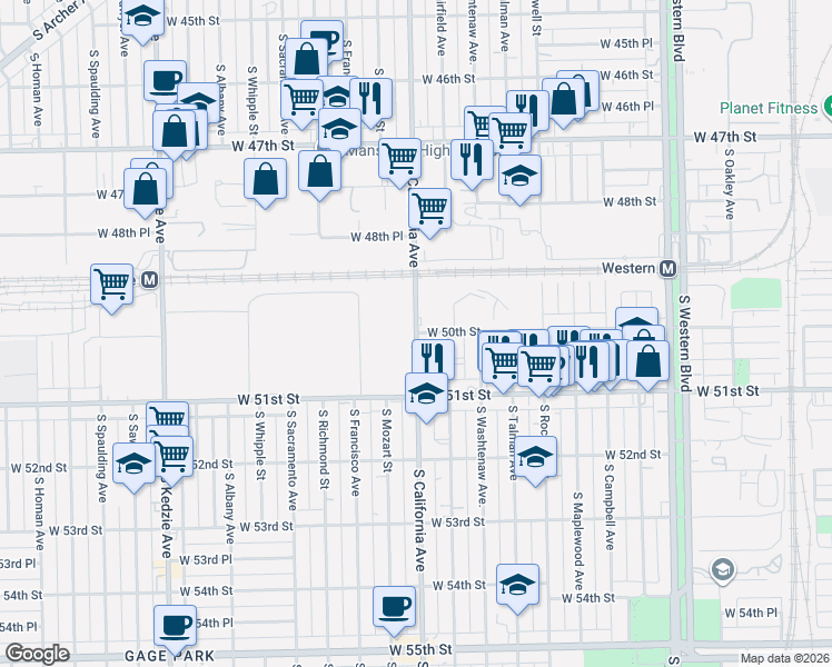 map of restaurants, bars, coffee shops, grocery stores, and more near 2807 West 50th Street in Chicago