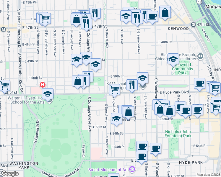 map of restaurants, bars, coffee shops, grocery stores, and more near 5043 South Drexel Avenue in Chicago
