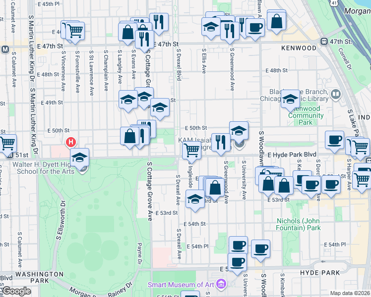 map of restaurants, bars, coffee shops, grocery stores, and more near 5043 South Drexel Boulevard in Chicago