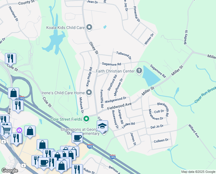 map of restaurants, bars, coffee shops, grocery stores, and more near 95 Ferncliffe Road in Seekonk