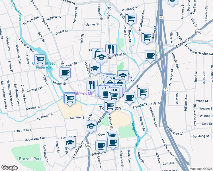 map of restaurants, bars, coffee shops, grocery stores, and more near 155 South Main Street in Torrington