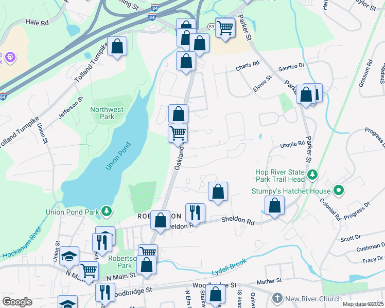 map of restaurants, bars, coffee shops, grocery stores, and more near 271 Oakland Street in Manchester