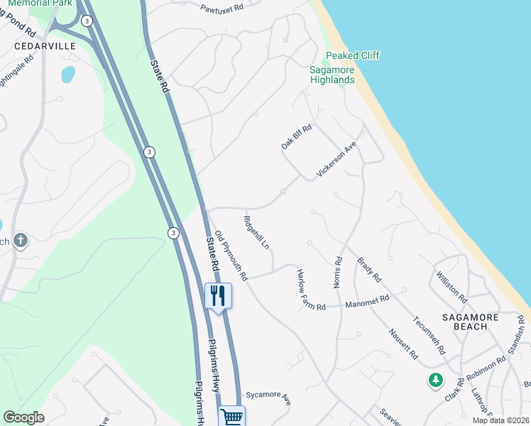 map of restaurants, bars, coffee shops, grocery stores, and more near 14 Ridgehill Lane in Bourne