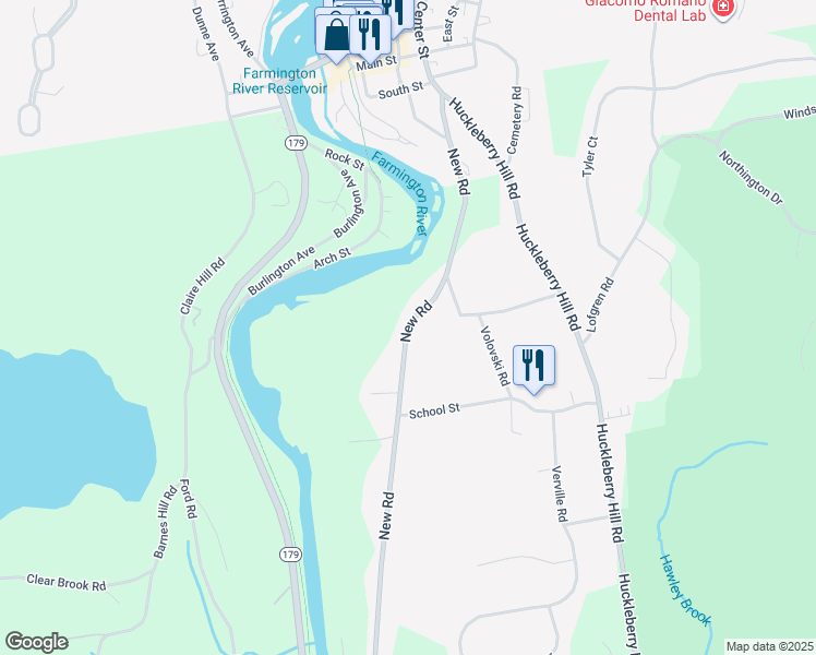 map of restaurants, bars, coffee shops, grocery stores, and more near 79 New Rd in Avon