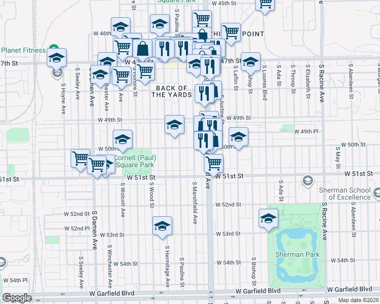map of restaurants, bars, coffee shops, grocery stores, and more near 1649 West 50th Street in Chicago