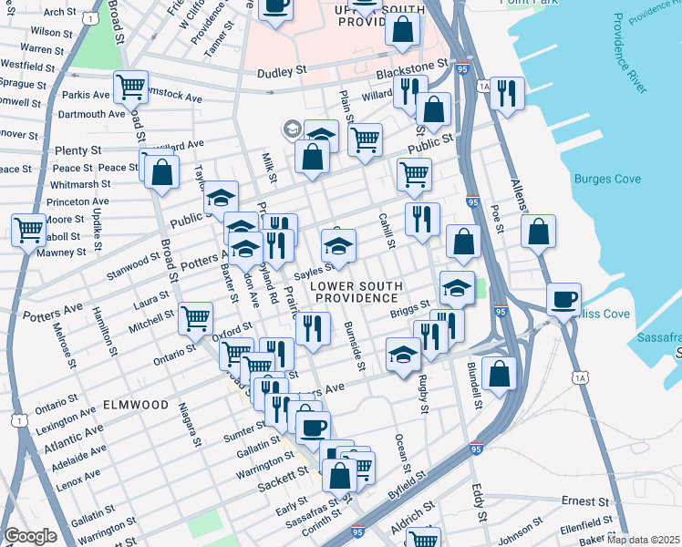 map of restaurants, bars, coffee shops, grocery stores, and more near 199 Oxford Street in Providence