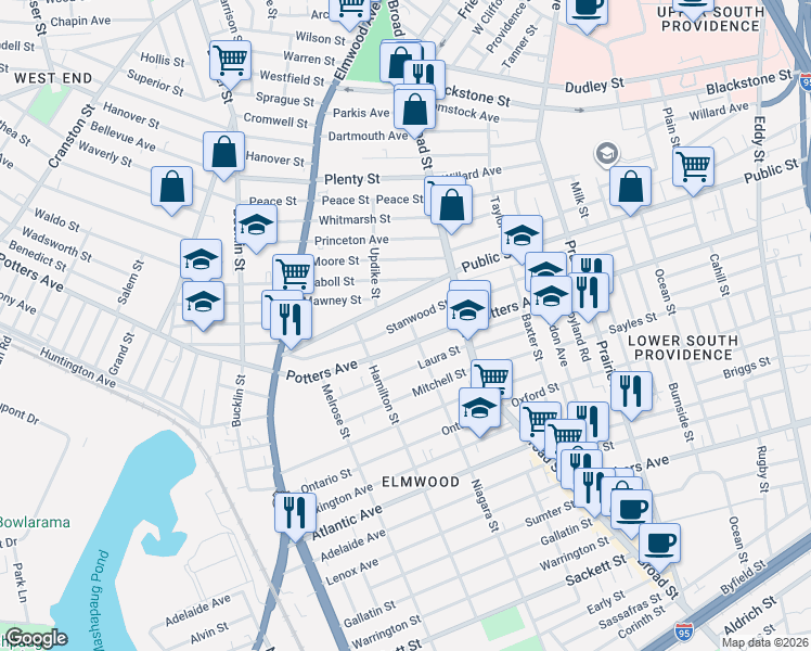 map of restaurants, bars, coffee shops, grocery stores, and more near 582 Public Street in Providence