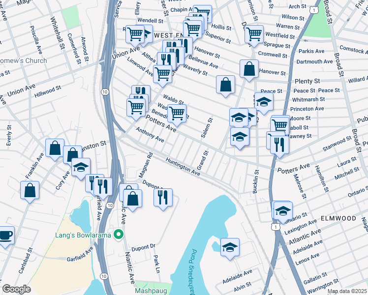 map of restaurants, bars, coffee shops, grocery stores, and more near 14 Calhoun Avenue in Providence