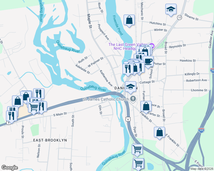 map of restaurants, bars, coffee shops, grocery stores, and more near 47 Katherine Avenue in Killingly