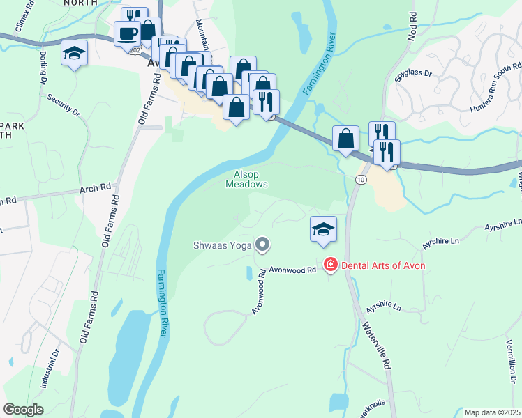 map of restaurants, bars, coffee shops, grocery stores, and more near 19 Waterville Road in Avon