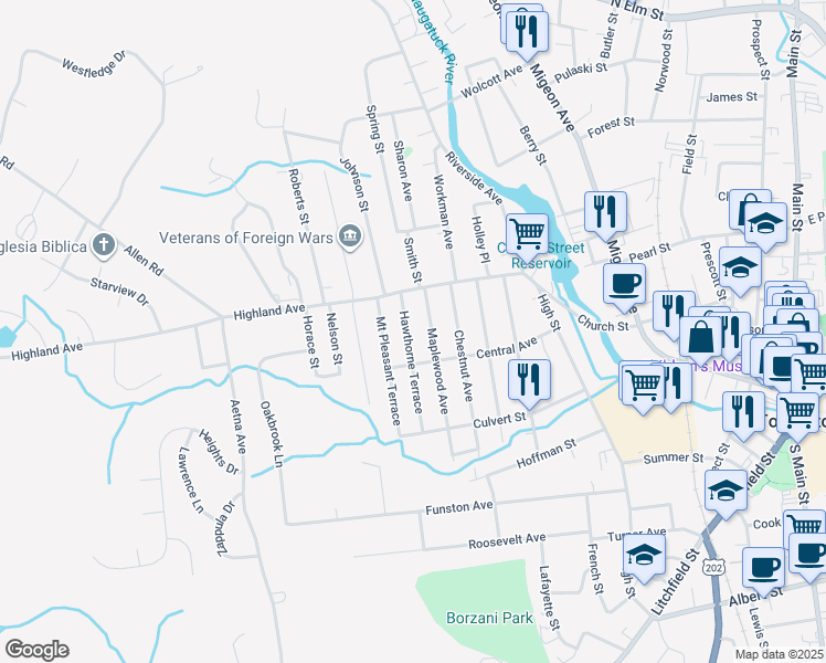 map of restaurants, bars, coffee shops, grocery stores, and more near 13 Maplewood Avenue in Torrington