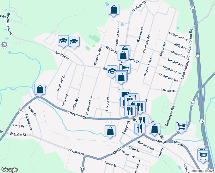 map of restaurants, bars, coffee shops, grocery stores, and more near 118 Lincoln Place in Liberty