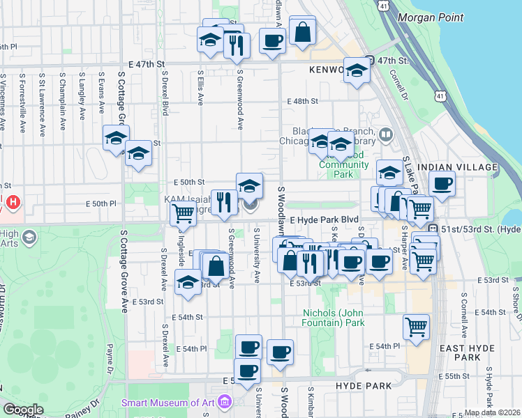 map of restaurants, bars, coffee shops, grocery stores, and more near 5015 South Greenwood Avenue in Chicago