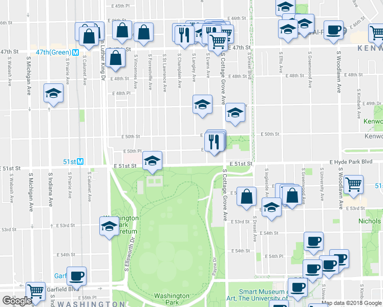 map of restaurants, bars, coffee shops, grocery stores, and more near 660 East 50th Place in Chicago