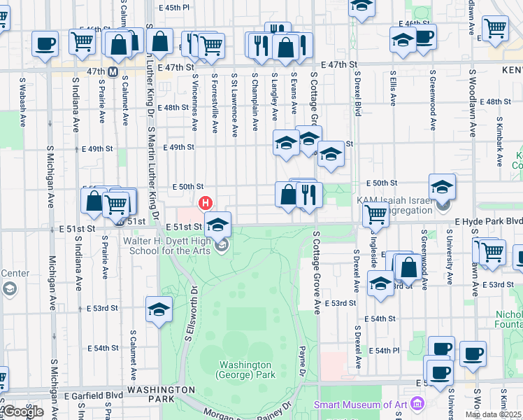 map of restaurants, bars, coffee shops, grocery stores, and more near 5015 South Champlain Avenue in Chicago