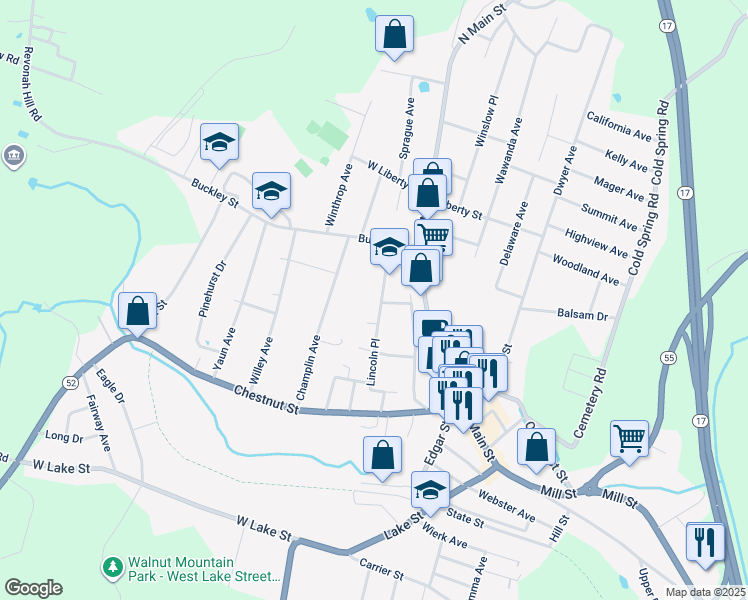 map of restaurants, bars, coffee shops, grocery stores, and more near 100 Lincoln Place in Liberty
