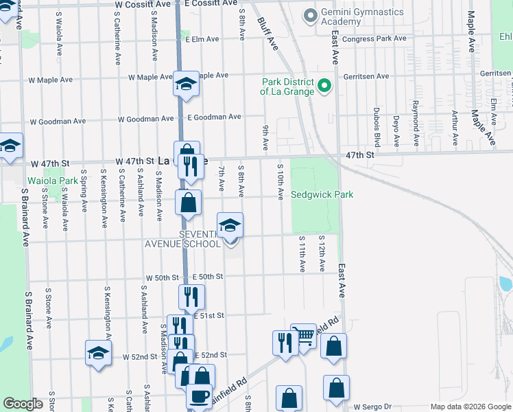 map of restaurants, bars, coffee shops, grocery stores, and more near 608 9th Avenue in La Grange