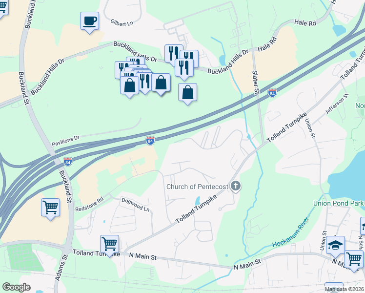 map of restaurants, bars, coffee shops, grocery stores, and more near 190 John Olds Drive in Manchester