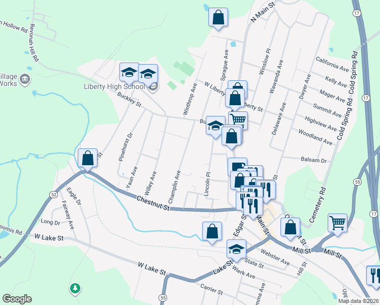 map of restaurants, bars, coffee shops, grocery stores, and more near 127 Champlin Avenue in Liberty