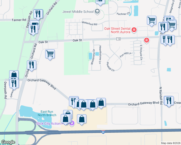 map of restaurants, bars, coffee shops, grocery stores, and more near 1585 Hearthstone Lane in North Aurora