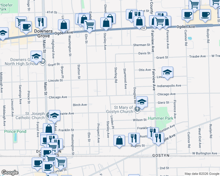 map of restaurants, bars, coffee shops, grocery stores, and more near 4611 Stanley Avenue in Downers Grove