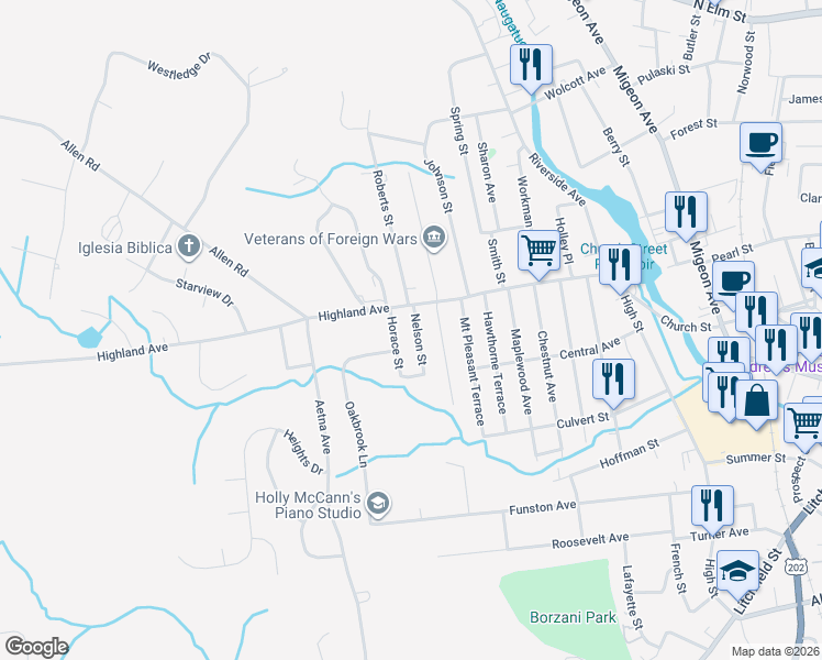 map of restaurants, bars, coffee shops, grocery stores, and more near 34 Nelson Street in Torrington