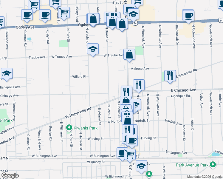 map of restaurants, bars, coffee shops, grocery stores, and more near 313 North Grant Street in Westmont