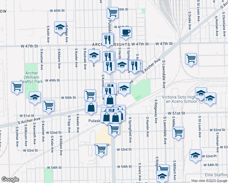 map of restaurants, bars, coffee shops, grocery stores, and more near 4909 South Pulaski Road in Chicago