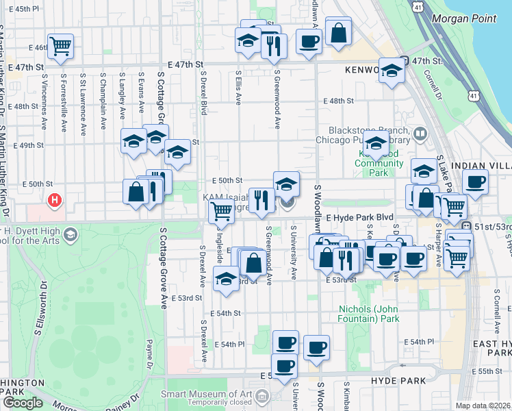 map of restaurants, bars, coffee shops, grocery stores, and more near 1022 East Hyde Park Boulevard in Chicago