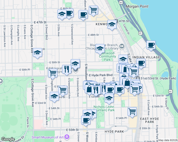 map of restaurants, bars, coffee shops, grocery stores, and more near 1226 East Madison Park in Chicago