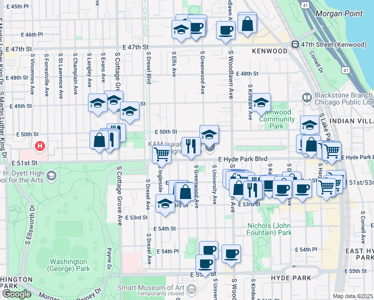 map of restaurants, bars, coffee shops, grocery stores, and more near 5016 South Greenwood Avenue in Chicago