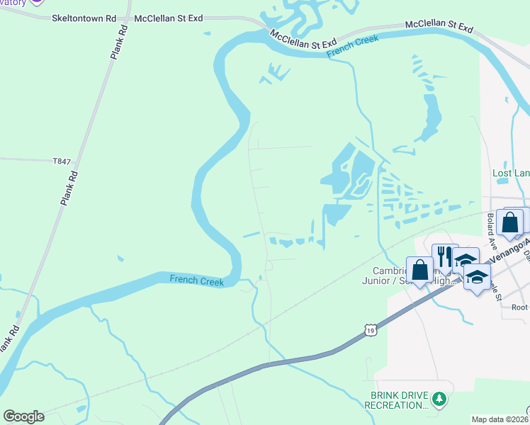 map of restaurants, bars, coffee shops, grocery stores, and more near Lee Drive in Cambridge Springs