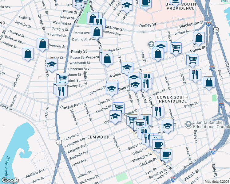 map of restaurants, bars, coffee shops, grocery stores, and more near 182 Reynolds Avenue in Providence