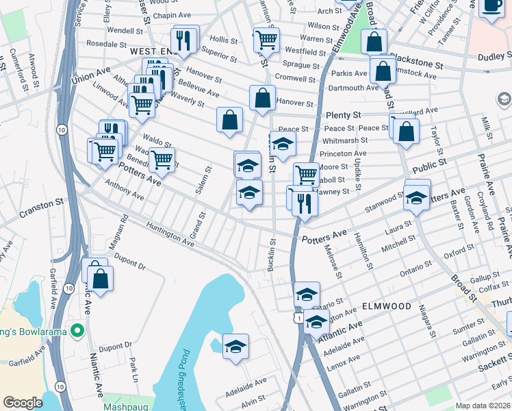 map of restaurants, bars, coffee shops, grocery stores, and more near 96 Mawney Street in Providence